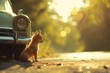 small kitten sitting ground next car portrait sun rays longing peaceful day cute toy low horizon mesmerized foxy staring viewer header dogs