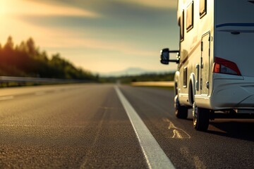 A camper van travels down a highway