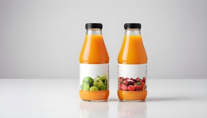 Two bottles of natural vegetable or fruit juices with black caps without labels isolated on a white background