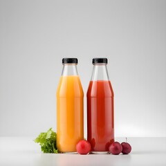 Wall Mural - Two bottles of natural vegetable or fruit juices with black caps without labels isolated on a white background