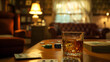 Cinematic wide angle photograph of a whisky glass on a card game in a livingroom. Product photography. Advertising.