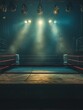 An empty boxing ring in a gym under a spotlight, conveying anticipation and the silent preparation before a fight or training session.