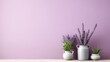 A painted light lavender wall background with copyspace, a spacious room with a large lavender-colored wall, 3 white ceramic containers, each with unique designs, green and purple lavender plants