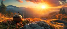 At Sunset, An Acorn Rests On A Rock Amidst Natural Landscape, Under A Sky Filled With Cumulus Clouds, Creating A Tranquil Landscape.