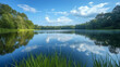 Tranquil lake reflecting calm skies, capturing the serenity and peacefulness of nature