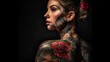 AI-generated illustration of an attractive tattooed woman against a black background.