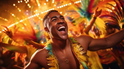 young man celebrate carnival with dancing and wearing bright vivid festive outfit decorated with feathers, Generative Ai