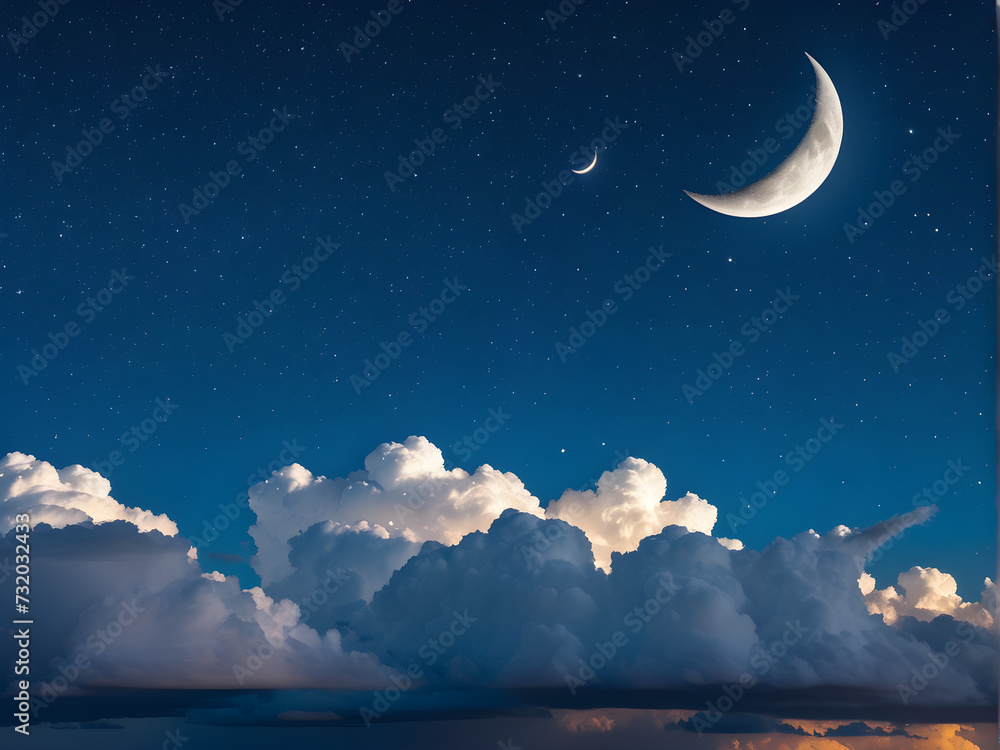 This image depicts a night sky with a crescent moon, stars, and clouds ...