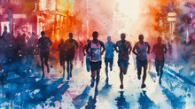 Urban Race: A Group Of Runners Against Impressionistic City Backdrop, Epitomising Strength, Speed, And The Radiant Allure Of The Urban Jungle