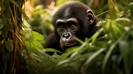 curious bonobo gazes amidst lush foliage, exuding intelligence and contemplation. its attentive star