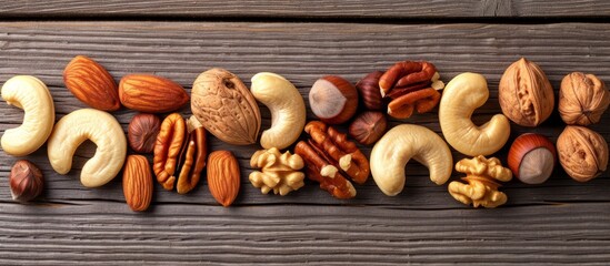 Wall Mural - Assorted nuts on an aged wooden surface.