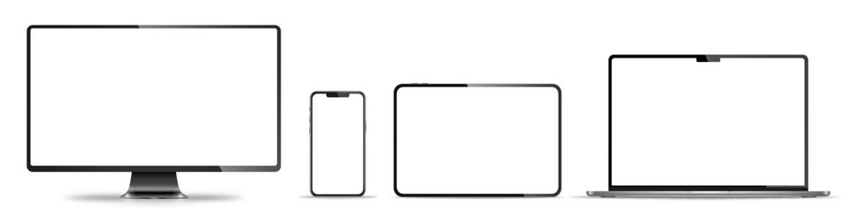 Device screen mockup. Smartphone, tablet, laptop and monoblock monitor, with blank screen for you design. Stock royalty free vector illustration. PNG