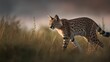 AI generated illustration of a serval in the middle of a large grassy field