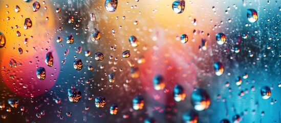 A crowd of water drops forms fluid circles on a window against an electric blue background, creating a fun and colorful event.