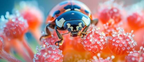 Wall Mural - An insect, the ladybug, is perched on a pink flower petal, showcasing a close-up view. This macro photography captures the beauty of this arthropod organism.