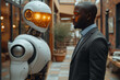 A cute, futuristic robot serves as a confident companion to an African businessman, embodying advanced technology.