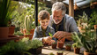 © David - Old and Young, old grandfather shares is wisdom on gardening with his grand son. in a green house.