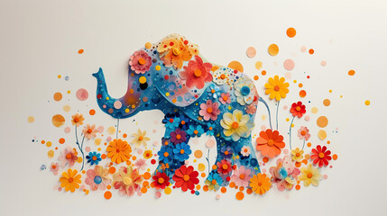 Greeting Beautiful card with Elephant. Frame of animal made in vector.  3d flowers vibrant colors 