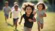 Children in joyful sprint, embodying pure bliss, capturing a moment of innocent playfulness; the lush green setting underscores a theme of natural vitality
