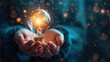 © 2D_Jungle - New bright idea concept with human palms holding illuminated lightbulb,copy space.