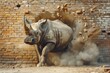 Dark tone wallpeper,A rhino runs through a brick wall. The goal concept is to overcome obstacles,copy space.