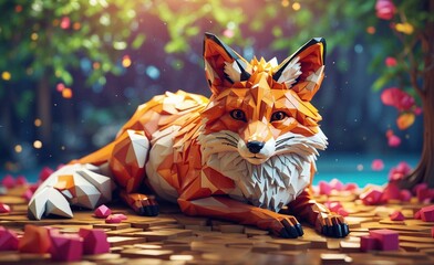 Wall Mural - Voxel pixel art Fox in wild, animals made of 3d cubes, voxel illustration for video games or illustrating 3d animation and vfx studios. Generative AI	