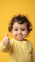 Canvas Print - A smiling blond child radiates joy as he raises his thumbs up expressing happiness and approval. Toddler with thumb up on yellow background.