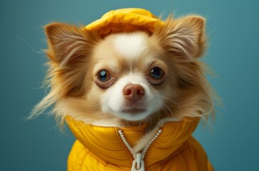 a dog wearing a yellow jacket