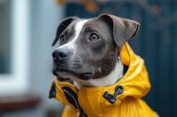 a dog wearing a yellow jacket