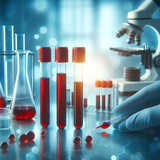 Fototapeta  - test tubes with blood sample on blurred medical laboratory background