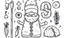 Saint Nicholas Of Sinterklaas Doodle Outline Clip Art Set. St Nick Attributes - Hat, Staff, Zwarte Piet Hat, Letter S, Carrot And Cookies. Simple Hand Drawn Contour Drawing, Outline Doodle Collection