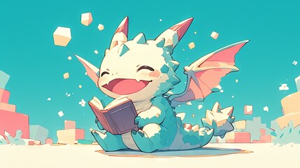 Wall Mural - cartoon dragon hugs a stack of books. Concept: love of reading and education, mythical animal character learn
