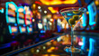 Cinematic wide angle photograph of a martini glass with an olive in a casino slot machines. Product photography. Advertising.