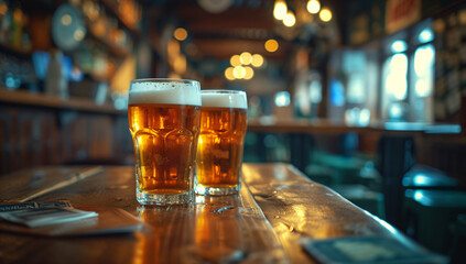 Two mugs with cold fresh golden beer on wooden table on blurred background with lights. Oktoberfest and St. Patrick's day celebration in a pub or bar. Card, banner, poster, flyer with copy space