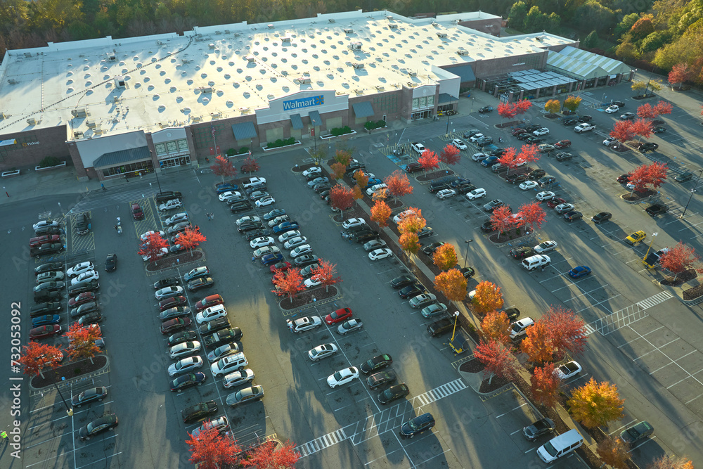Walmart Place View from above of american Walmart grocery store with parked cars on ...