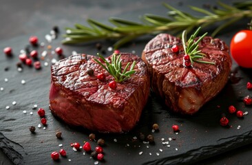 two beef heart steaks on a dark background