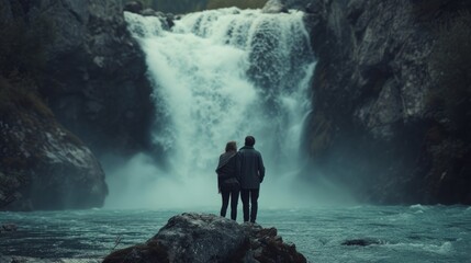 Wall Mural - Simple yet poignant image featuring a waterfall scene embraced by a loving couple