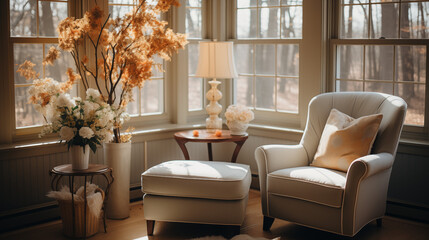 Interior of cozy living room in house with big windows and armchair