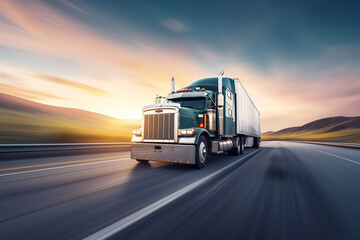 Wall Mural - Transportation logistics at golden hour with semi-truck on highway, fast delivery, commercial freight, road travel, industry, sunset, dynamic