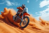 A daring motocross rider braves the sandy desert terrain, their motorcycle's wheels kicking up clouds of dust as they perform gravity-defying stunts under the vast open sky