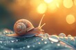 A snail moves gracefully over a leaf dotted with fresh morning dew, bathed in the warm golden light of sunrise, creating a scene of natural tranquility.
