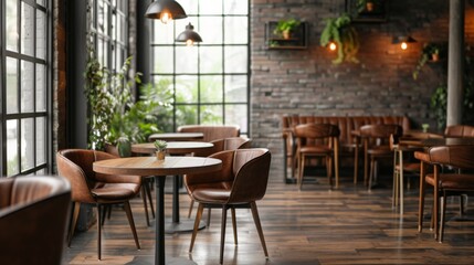 Inviting cafe setting with leather chairs and wooden tables, warm lighting, and green plants enhancing a cozy ambiance.