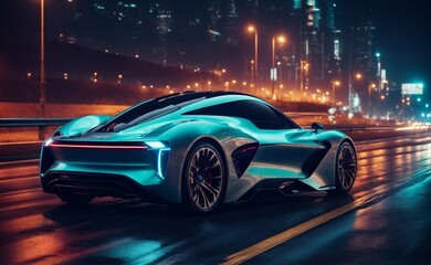 Futuristic EV car or luxury sports car, supercar, fast vehicle on highway with full self driving system activated for transportation autonomy concepts as wide banner with copy space area