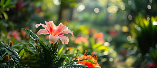 Poster - A pink flower blooms amidst lush green leaves in a beautiful garden, creating a vibrant natural landscape.