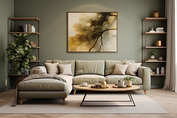 Wall Mural - modern interior design of living room in beige and green colors