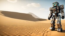 Illustration Of Creepy Minecraft, Voxel Robot In Desert Digital Art Image, Robot Illustration Image. Generative AI
