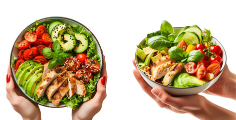 Wall Mural - Hawaiian Poke Bowl Style, Yummy Salad Bowls in Hand, Set Viewed from Top and Side, Isolated on Transparent Background, PNG