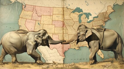 Two intricately detailed elephant figurines face each other, their trunks intertwined, set against a vintage map of the United States, suggesting themes of travel, exploration, and connection