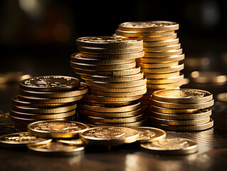 Close up of stacks of gold coins on a black background