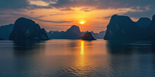 Ha Long Bay, Halong Bay World Heritage Site, Limestone Islands, Emerald Waters With Boats In Quảng Ninh Province, Vietnam. Sunset, Travel Destination, Natural Wonder Landscape Background Wallpaper